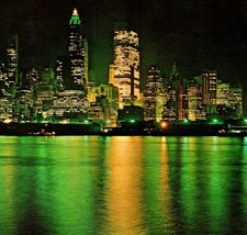 Vtg Chrome Postcard New York NY NYC Lower Manhattan Skyline Night View Unused - £3.85 GBP