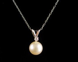 14kt white gold PEARL diamond pendant necklace - 19&quot; sterling chain - Ladies wed - £192.65 GBP