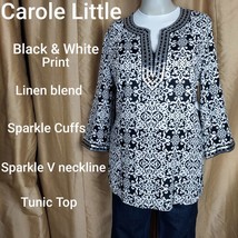 Carole Little Black &amp; White Print Linen Blend Sparkle Detail Tunic Top Size M - £11.00 GBP
