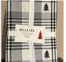 Bella Lux Christmas Tree Tablecloth Plaid 60”x120” Oblong Black White lurex - £35.96 GBP