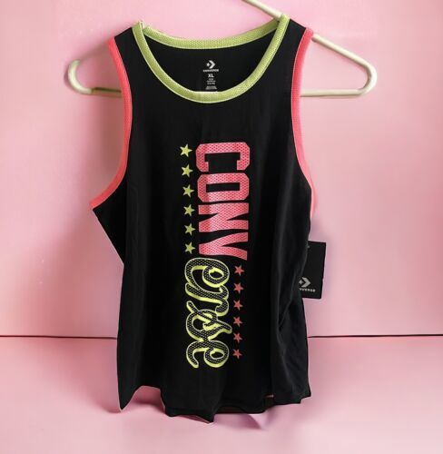 Converse girls black tank top w/ neon yellow & pink size XL stars sporty - $19.79