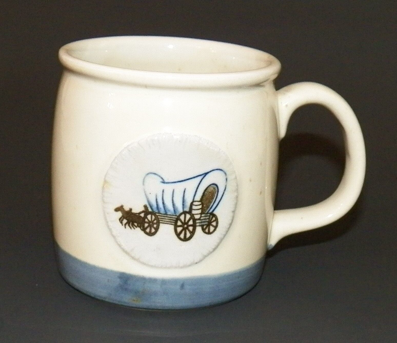 Primary image for Covered Wagon Mug Coffee Cup Glass Tan Blue Horse Drawn Oregon Trail