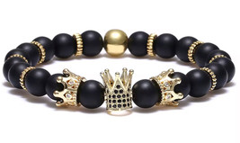 Crown Beaded Bracelet, Black Matte Beads with Gold Accents, Royal Design - $11.00