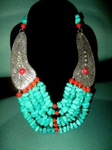 Magnificent Turquoise w/ Orange Stones Silver Statement Piece Layered Necklace  - £43.51 GBP