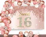 Rose Gold Sweet 16Th Birthday Banner Backdrop with Confetti Balloon Garl... - $29.77