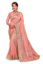 Designer Peach Coding Sequence Embroidery Work Sari Tissue Party Wear Saree - £58.63 GBP