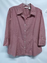 Kim Rogers Red White Checks Stretch Cotton Button Front Top Spring Summer L - $23.73