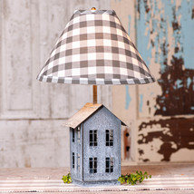 Saltbox Farmhouse Table Lamp Rustic Metal Décor Light Country Gray Check Shade - £97.39 GBP