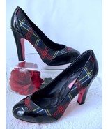 Betsey Johnson Red Tartan Plaid Heels 8M Black Patent Leather Pumps Shoes - £23.59 GBP