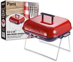 PAMI Portable BBQ Tabletop Charcoal Grill With Lid - 14” x 14” Square Co... - $41.99