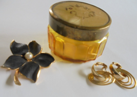 Vtg Mother of Pearl Inlay Glass Trinket Pill Ring Jar and Pin &amp; Earrings Jewelry - £13.11 GBP