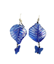 Blue Iridescent Art Glass Leaf Large Artisan Dangle Vintage Earrings - $17.81