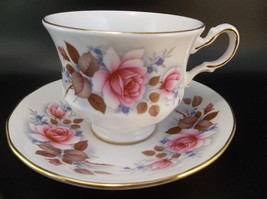 Queen Anne English Tea Cup Saucer Bone China Pink Roses Blue Brown - £15.79 GBP