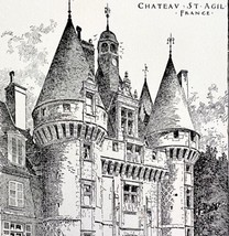 Pen &amp; Ink Render Chateau St Agil 1900 Victorian Instruction Print France DWW2A - £11.93 GBP
