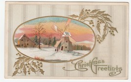 Vintage Postcard Christmas Windmill and Farm in Snow 1910 Gold Trim - £5.42 GBP