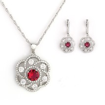 Silver Tone Necklace and Earring Set With Faux Ruby &amp; Sparkling Crystals - £36.87 GBP