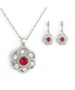 Silver Tone Necklace and Earring Set With Faux Ruby &amp; Sparkling Crystals - €39,94 EUR
