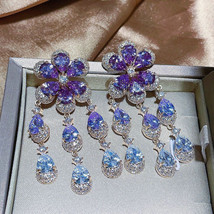Fashion  Cubic Zirconia Purple Flower Tassel Earring for Women Luxury Jewelry - £39.01 GBP