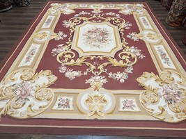 Aubusson Rug 9x12 Red Ivory Tan Handwoven Vintage Room Sized Area Rug Flatweave - £2,281.53 GBP