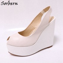 Beige Women Slingbacks Wedge High Heels Peep Toe Platform Shoes Ladies Big Size  - £171.34 GBP