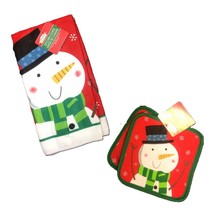 Red Holiday Snowman Hand Towel Pot Holders Christmas Kitchen Decorations-3pc Set - £5.18 GBP