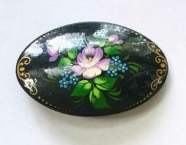 Russian Hand Painted Flowers Black Enamel Wooden Brooch 1950s vintage 2 1/2&quot; - £13.57 GBP