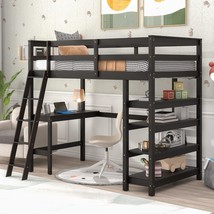 Oyn Twin Solid Wood High Loft Bed Frame With Desk &amp; 4 Storage Shelves,, Espresso - £392.27 GBP