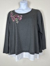 Avenue Womens Plus Size 22/24 (2X) Gray Floral Embroidered Top Long Sleeve - £11.83 GBP