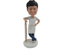 Custom Bobblehead Woman Ready To Cook With Her Apron On Gives A Pose With Her Le - £66.85 GBP