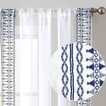 Bohemian Voile Drapes 84 Inches Long Rod Pocket Curtains 2 Panels Blue On White - £33.62 GBP