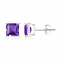 Natural Amethyst Square Solitaire Stud Earrings in 14K Gold (Grade-AAA , 6MM) - £286.01 GBP