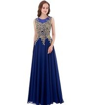 Gold Lace A Line Long Chiffon Women Formal Prom Evening Dresses 14 Royal Blue - £79.55 GBP