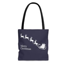 Merry Christmas Santa&#39;s Deers Evening Blue AOP Tote Bag - $17.65+