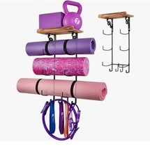 Tomreky Yoga Mat Holder Wall Mount Accessories Rack W/Solid Wood Shelf &amp; 4 Hooks - £19.78 GBP