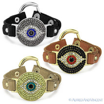 Evil Eye CZ Crystal Bead Greek Turkish Nazar Hamsa Leather Cuff Punk Bracelet - £27.86 GBP