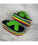 Vtg Y2K KF-Ltd Platform Sandals 6 Rainbow Stripe Flatform Slides Green S... - $80.13 CAD