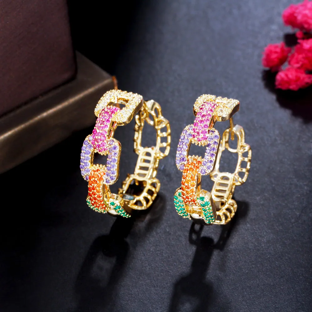 Endy colorful micro pave cz stones gold plated geometric cuban chain link hoop earrings thumb200