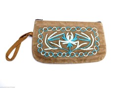 Vintage  Suede Change Purse Embroidered Brown &amp; Turquoise Phone Case 1970s - £15.61 GBP