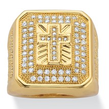 14K Gold Gridded Cross Round Cz Mens Gp Ring Size 8 9 10 11 12 13 - £162.38 GBP