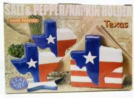Clay Art Texas Flag Salt and Pepper w/Napkin Holder Set Hand Painted NIB - £22.34 GBP