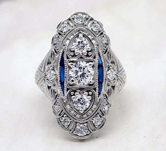 Three Stone Vintage Ring, Diamond Sapphire Milgrain Ring, Statement Ring - £159.07 GBP