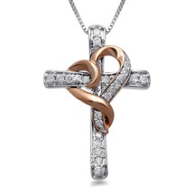 Echt Moissanit 14K Zwei Ton Vergoldet Kreuz Mit Herz Anhänger Halskette - £55.61 GBP