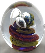 Art Glass Signed Controlled Bubbles Paperweight Neon Orange Yellow Blue ... - £29.49 GBP