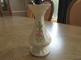 BELLEEK 0536 CHERRY BLOSSOM SMALL VASE PINK FLOWERS 6.75&quot;H 1990&#39;S BLUE MARK - $24.70