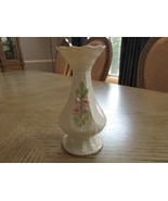 BELLEEK 0536 CHERRY BLOSSOM SMALL VASE PINK FLOWERS 6.75&quot;H 1990&#39;S BLUE MARK - $24.70