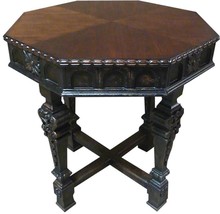 Lamp Table Americana Octagon Intricate Carved Wood Antiqued Blackwash 4 Columns - £1,006.09 GBP