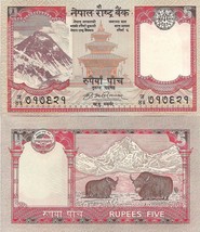 Nepal P60, 5 Rupee,  Mount Everest, Taleju temple / yaks, UNC see UV &amp; wm image - £1.50 GBP