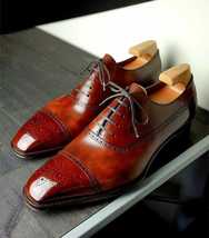 Handmade Men&#39;s Burgundy Brogue Leather Chiseled Toe Lace Up Oxford Dress Shoes - £102.84 GBP