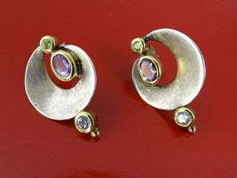 Vintage Gold Vermeil Sterling Silver Multi Gemstone Pierced Moon Michou Earrings - £98.90 GBP