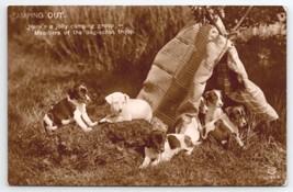 RPPC Camping Out Adorable Puppies Tent Scene Dogs Real Photo Postcard S27 - £11.92 GBP